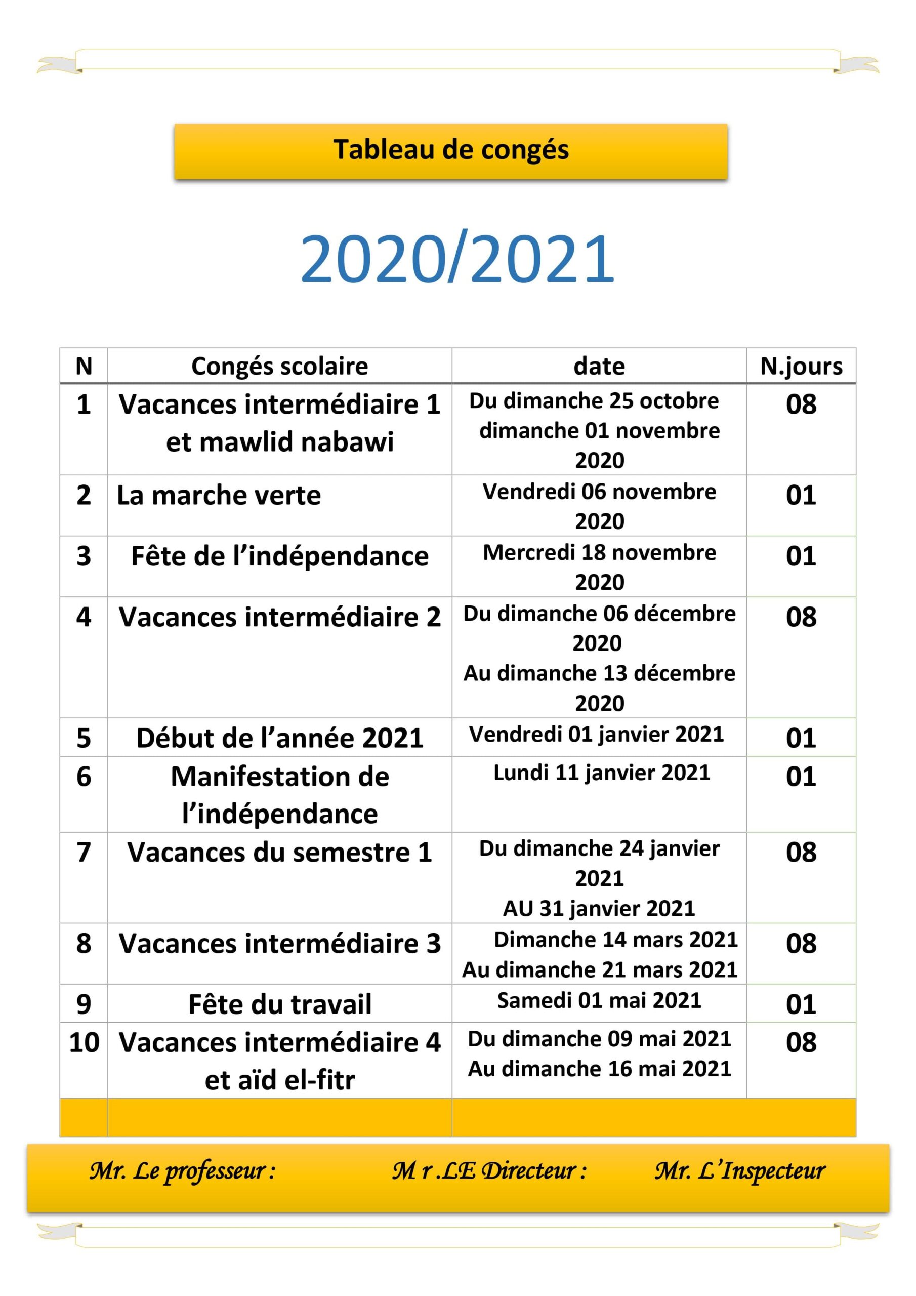 لائحة العطل المدرسية بالفرنسية 2021/2020